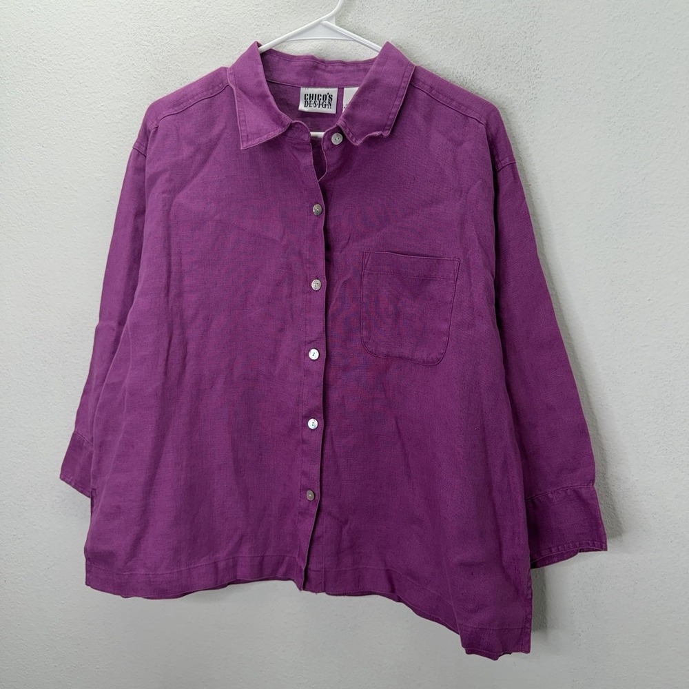 Chico's Design 100% Linen Button Up Shirt Minimalist Pink Fuschia Boxy Sz 2 / L